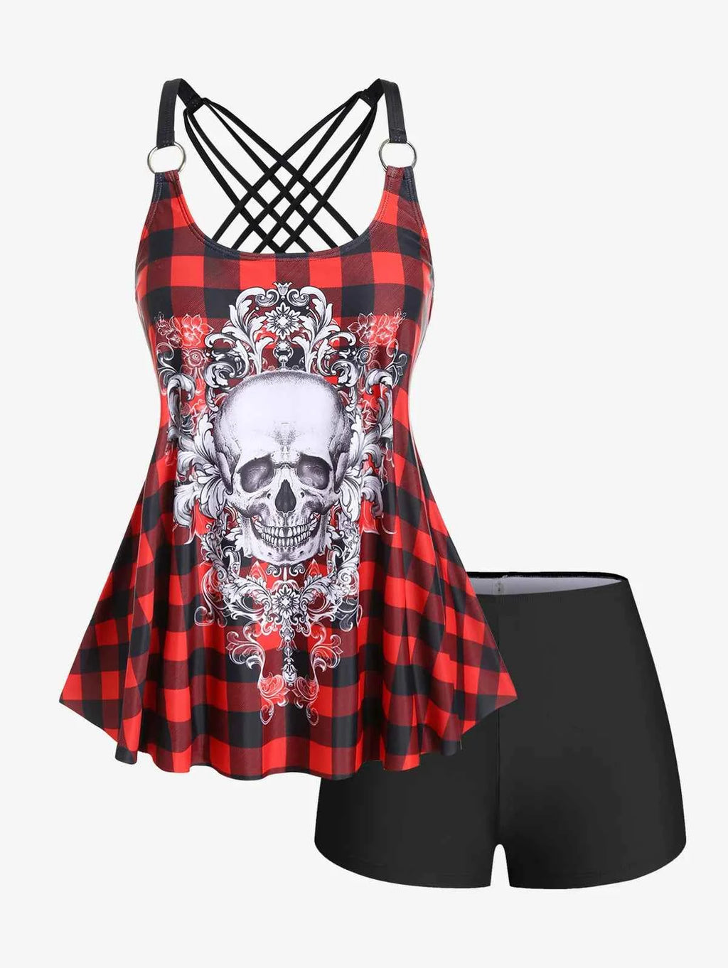 Rosegal Womens Tankini Swimsuit Set Plus Size Modest Skull Plaid Rings Crisscross Boyshorts Swimmwear