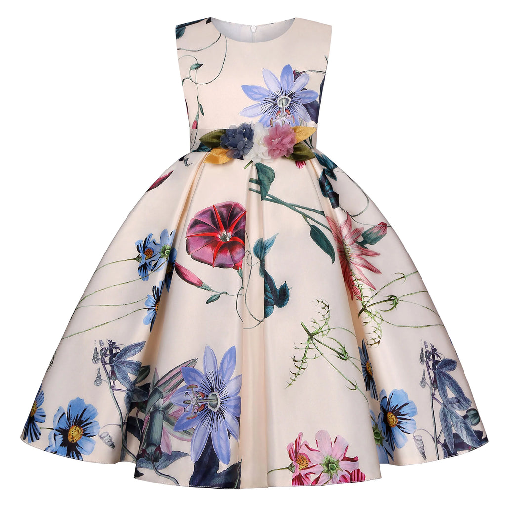 2026 European and American children's new flower vintage print princess dress girl holiday party dress dress