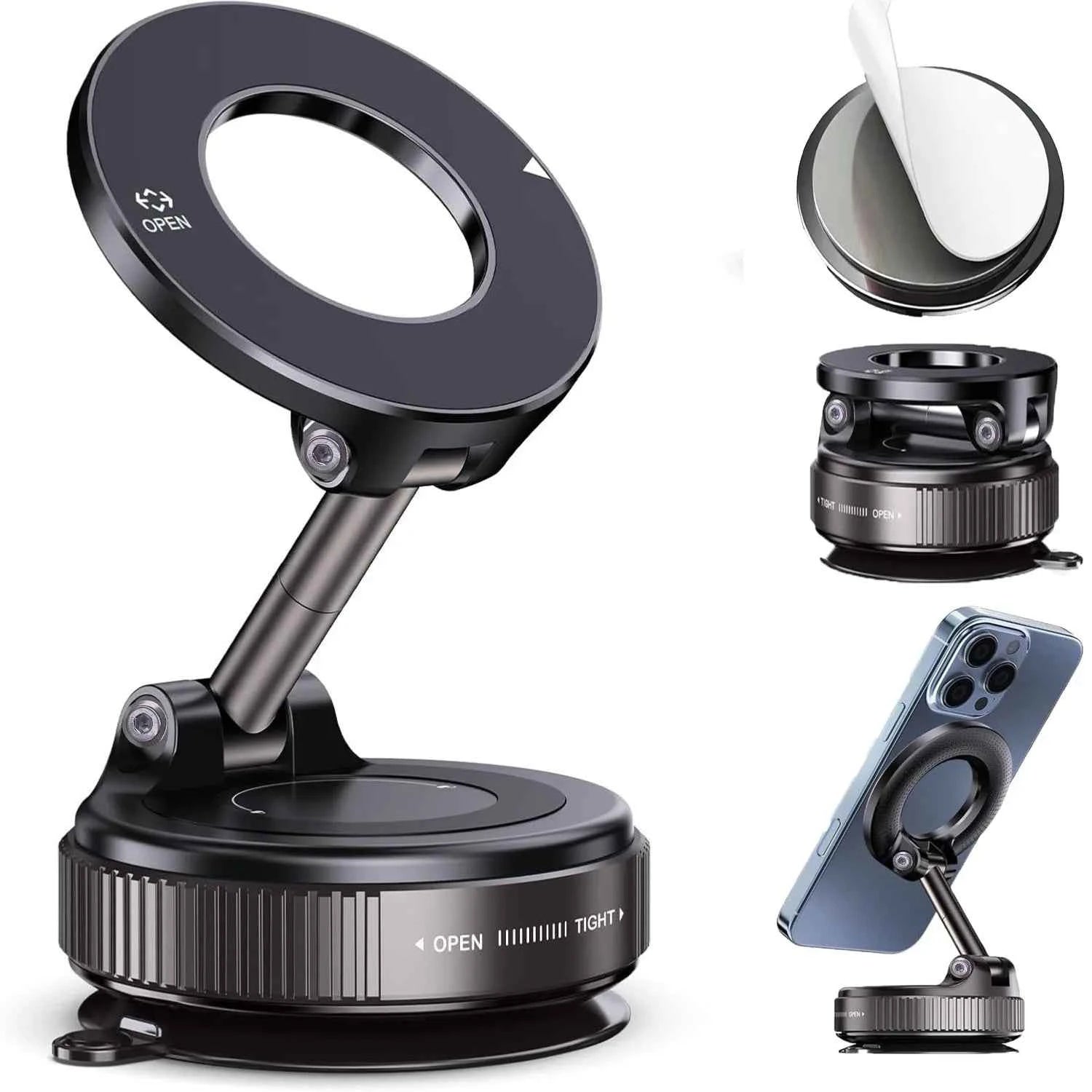 Foldable Magnetic Car Phone Holder – N52 Magnet, 360° Rotatable, Suction Cup for Dashboard, ABS, with Wrench & Pad, Gift