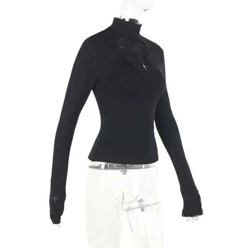 Turtleneck Top Y2k Clothes Black Gothic Cross Hollow Slimming Bottom T Shirt for Women Long Sleeve Sexy T-shirt Girls Tops
