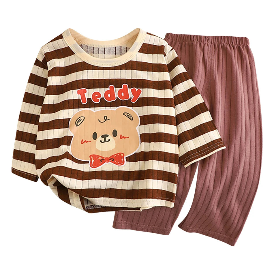 Summer Kids Cotton Pajama Sets Long Sleeve Pants Suitable Baby Gentle Nighttime Comfortable Sleepwear in Air Conditioned Rooms