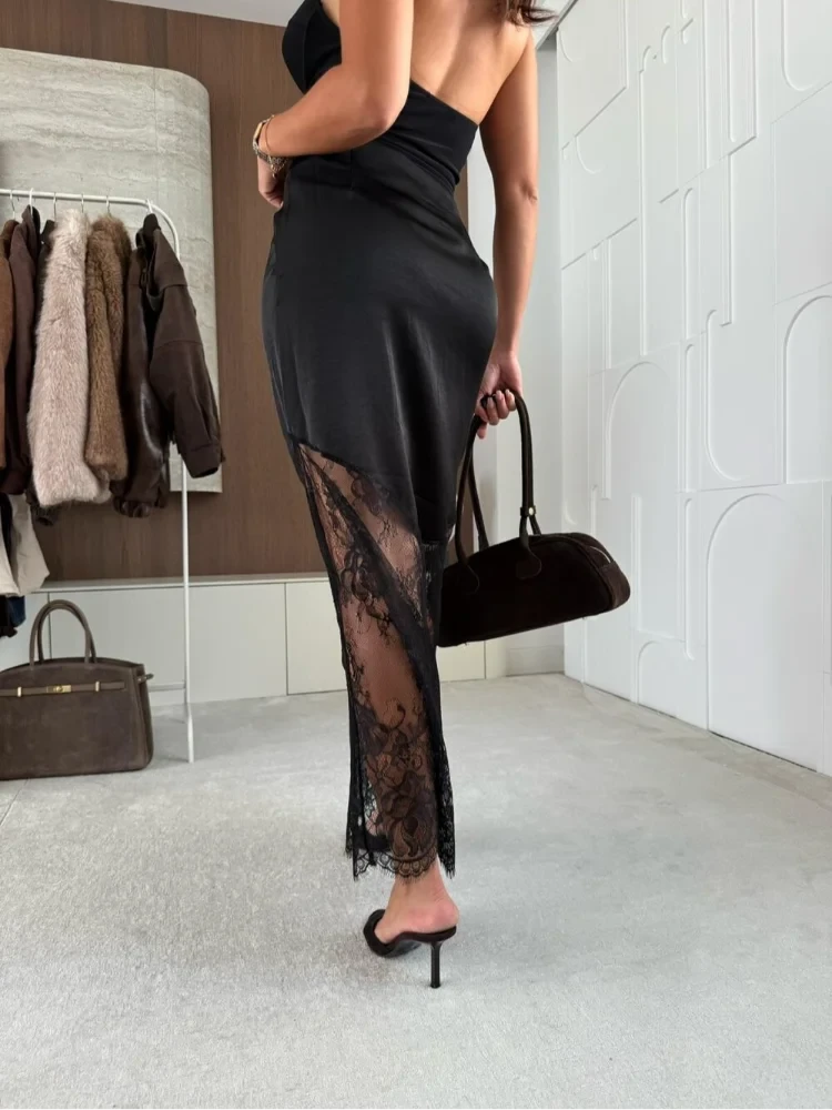 Sexy Lace Patchwork Long Skirt Women Elegant Fashion Solid Waist Cinched Mid-length Bottom Lady 2025 Party Daily Street Skirts