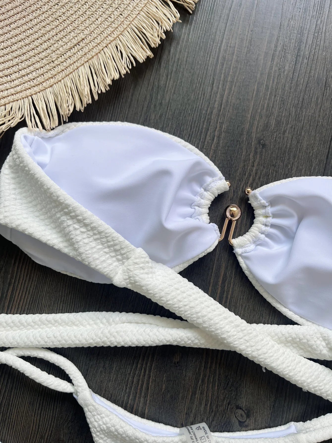 New Bather Bathing Suit Swim Wrinkled Bandeau Metal Ring Thong Bikini Women Swimwear Female Swimsuit Two-pieces Bikini set