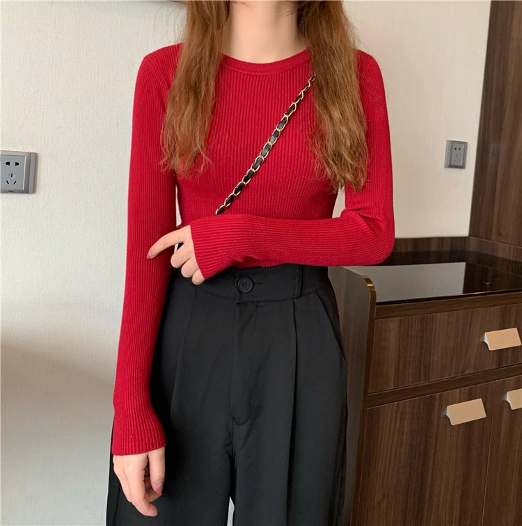 2026 New Women Sweater Autumn Winter Long Sleeve Pullover Basic Top Fashion O-neck Elastic Female Winter Solid Knitted Jumper