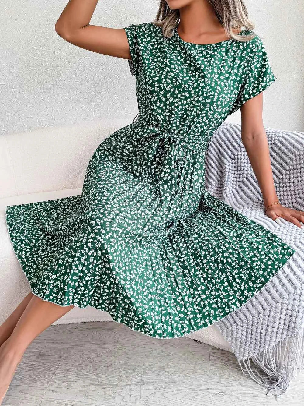 Ficusrong Fashion Floral Pleated A Line Long Dress Women Spring Summer Short Sleeve High Waist Chic Dress