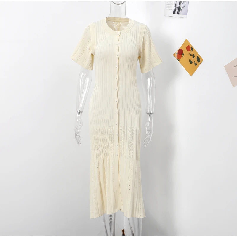 Knitted Women Long Dresses Hollow Out Short Sleeved Women Split Dress O-neck Single Breasted Female Solid Elegant Ladies Robe