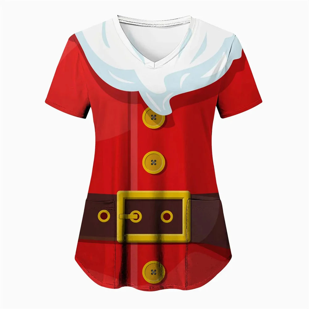 Womens Christmas Nurse T Shirt Print Short Sleeve V Neck Workwear With Pocket Working Nurse Work Wear Overalls Medical Uniforms