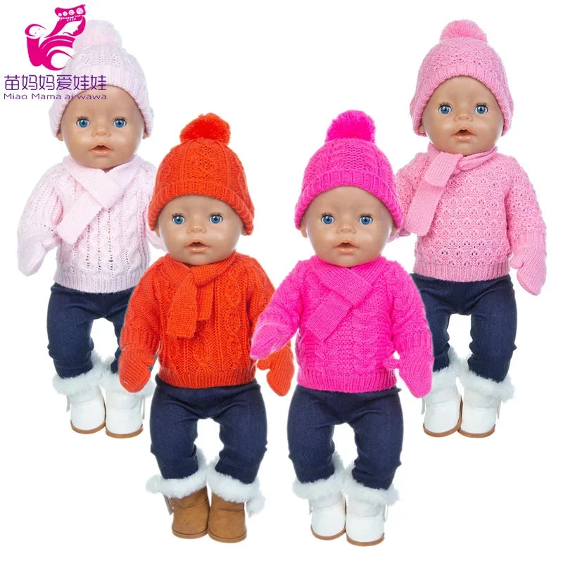 18 Inch Baby Doll Winter Clothes Set Crochet Sweater Scarf Hat Gloves New Year Apparel for 43 Cm Girl Dolls