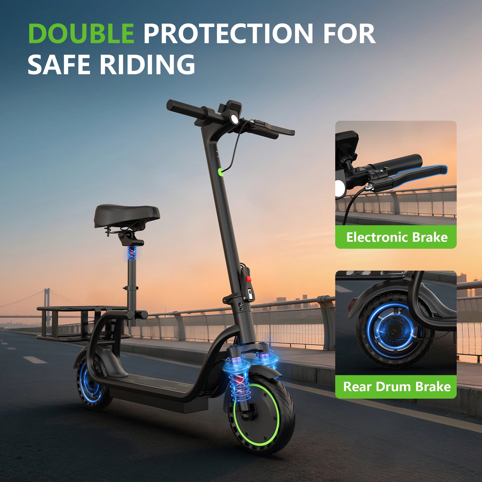 MAXSHOT 8.5'' Electric Scooter with Seat & Basket 15miles Max Range 19MPH Max Speed Foldable Adult E-scooter LED Lights 265lbs Max Load