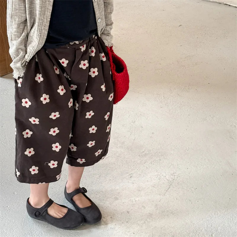 2026 Spring New Children Casual Pants Fashion Flower Print Girls Harem Pants Cotton Kids Loose Trousers Boys Cute Baby Clothes