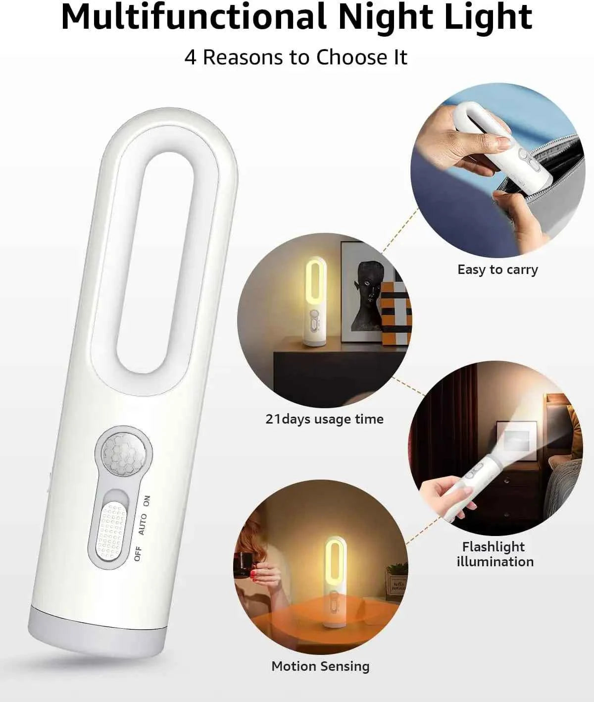 Motion Sensor Night Light Bedroom Bathroom Portable 2 in 1 Flashlight Reading Camping Lighting Baby Feeding Eye Care Bedside Lam