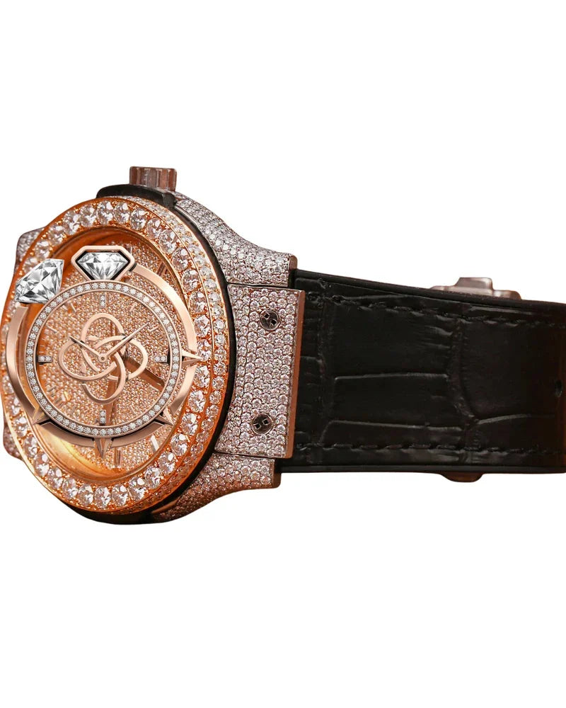 Luxury Antique Diamond Encrusted Quartz Analog Watch Rose Gold Tone Case Rubber Band Roman Numeral Dial Men's Fashion