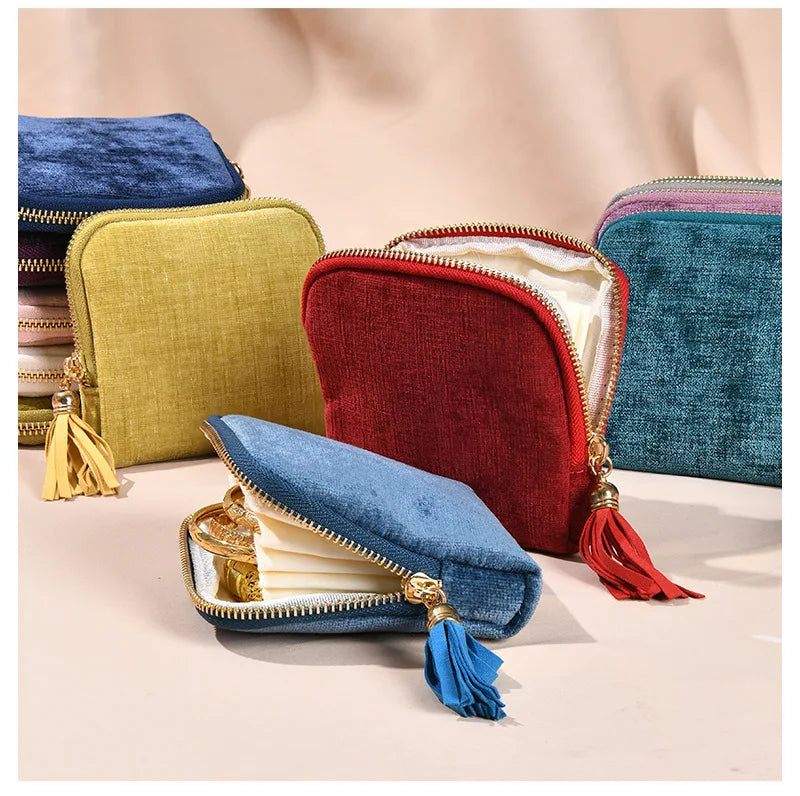 Tassel Jewelry Organizer Bag Portable Travel Case with Metal Zipper for Bracelets Jade Bangles Necklaces Rings Storage Pouch