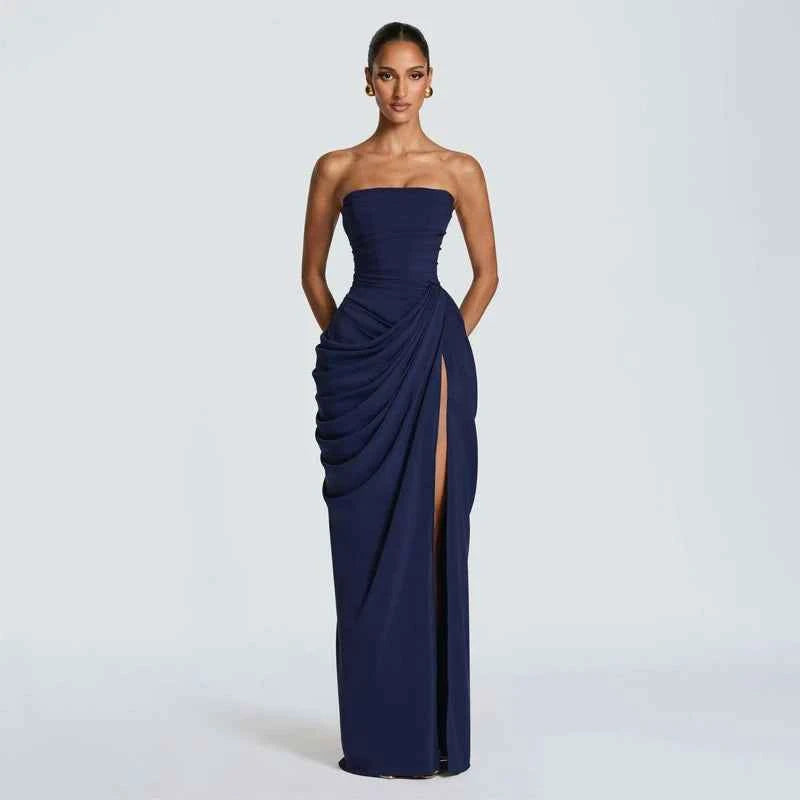 Yellow Strapless Pleated Dress Women Elegant Sexy Sleeveless Waist Cinching Split Maxi Gowns 2026 Lady New Evening Party Dresses