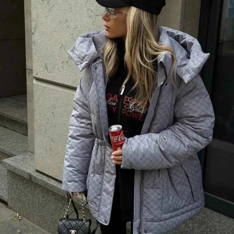 Printed Female Winter Cotton Quilted Jacket Hooded Thicken Zipper Single Breasted Long Sleeve 2025 New Casual Coat Loose Outwear