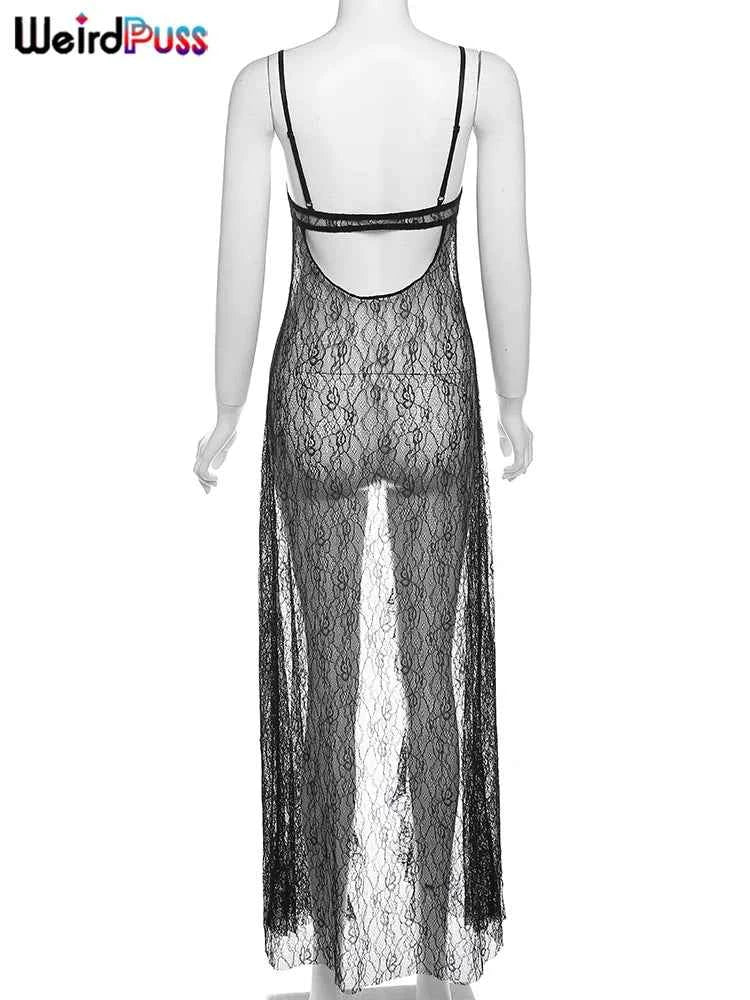 Weird Puss Backless Sexy Women Camisole Leopard Mesh Patchwork Ruffles Sexy Club Party Midnight Hot Girls Wild Coquette Maxi Top