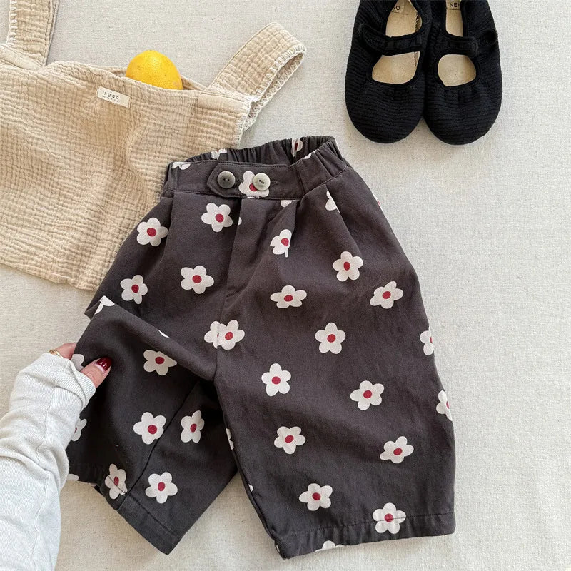 2026 Spring New Children Casual Pants Fashion Flower Print Girls Harem Pants Cotton Kids Loose Trousers Boys Cute Baby Clothes