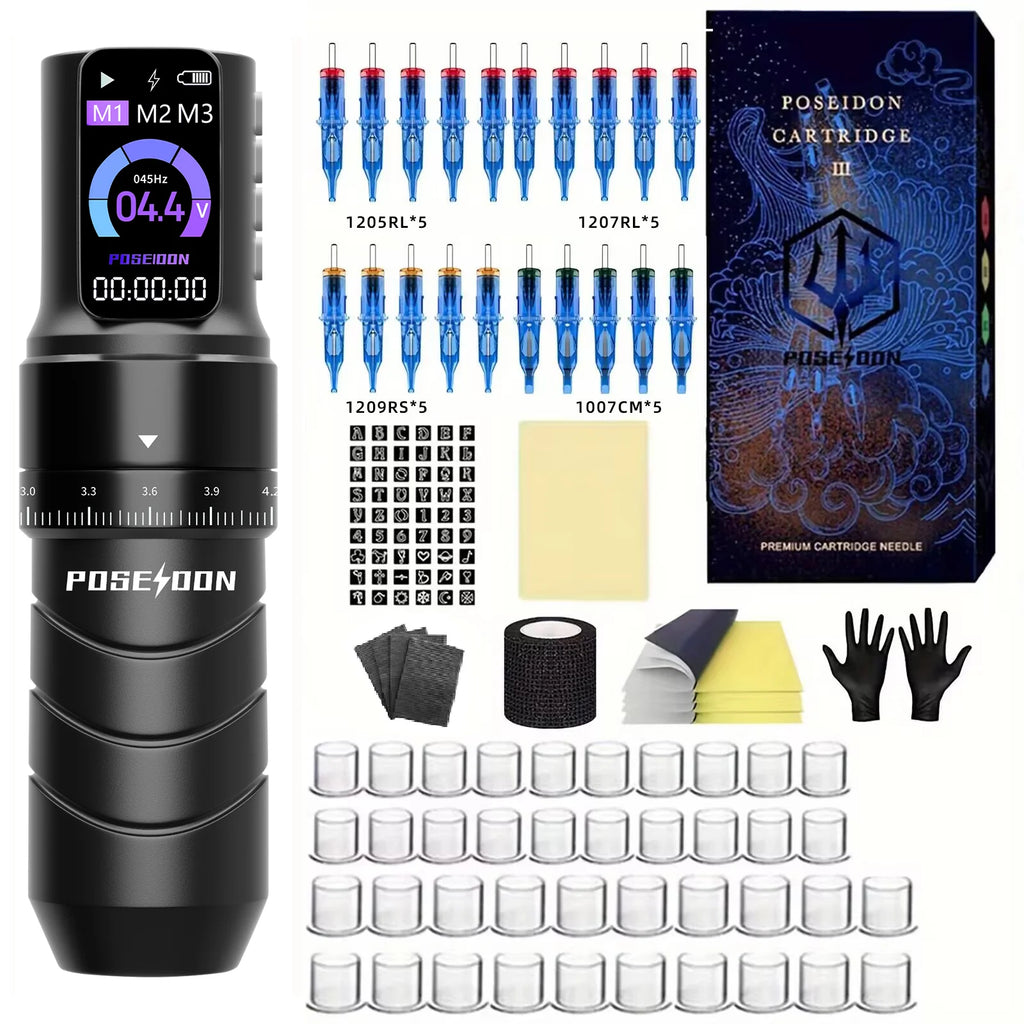 POSEIDON Tattoo Kit Professional Tattoo Pen Kit For Permanent Makeup Tattoo Machine Kit Wireless Power Supply Tattoo Gun Kit