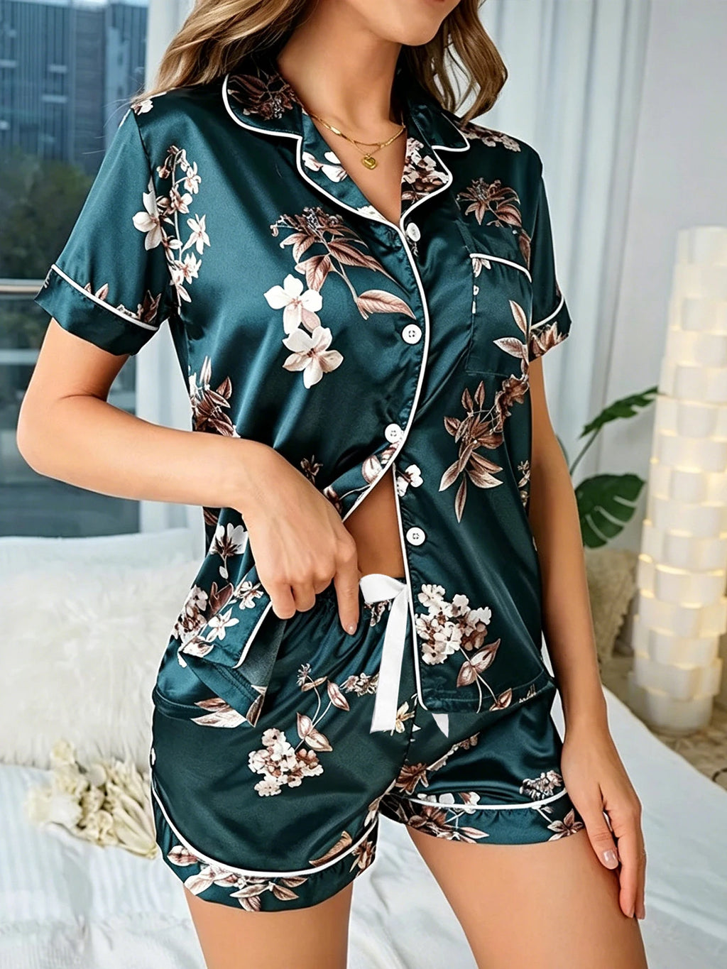 2-Piece Women's Sleepwear Set Pajama Casual Collar Short Sleeve Shirt With Shorts All Season Comfortable Sleepwear And Home Wear