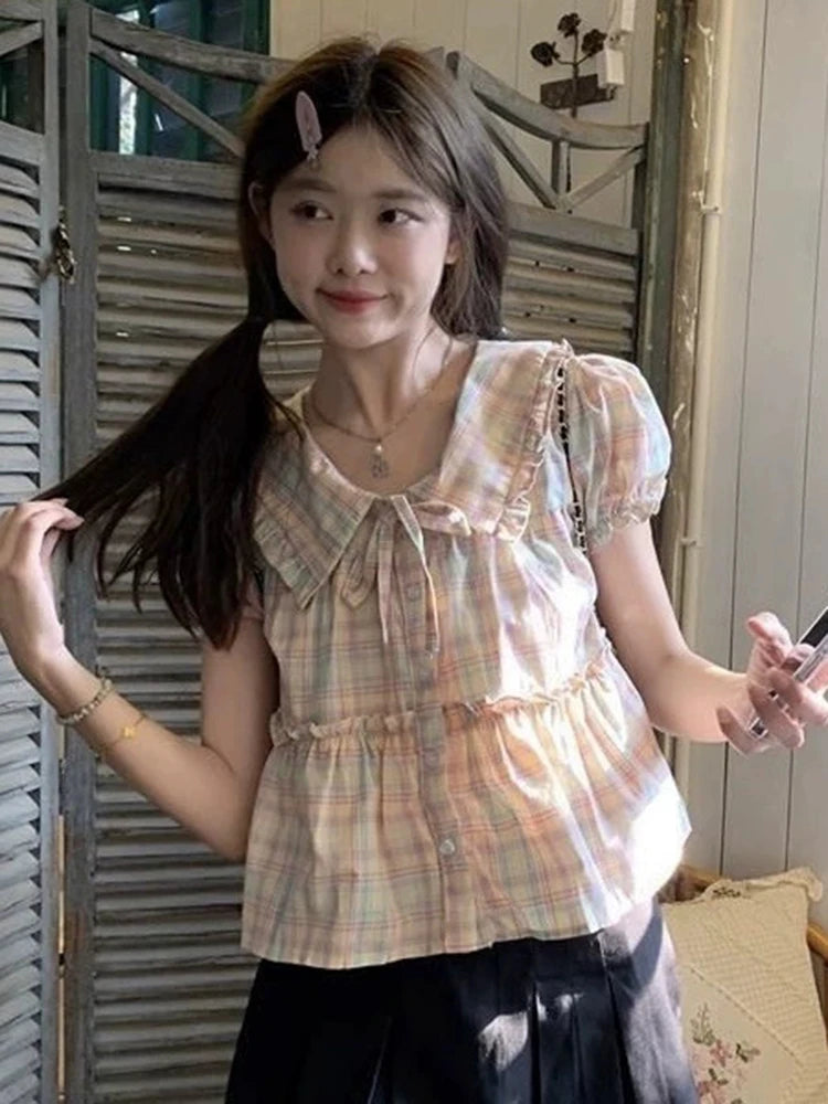 Preppy Style Sweet Plaid Shirt Women Summer Cute Peter Pan Collar Cropped Blouse Kawaii Casual Lace Up Lady Tops New