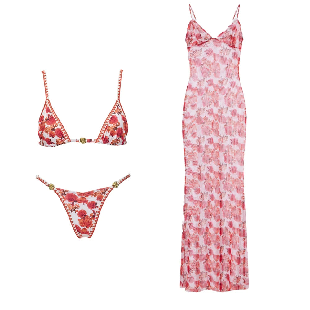 Print Bikini Swimsuit and Cover Up Bikini Set Women Sexy Lace Swimwear High Leg  Bathing Suit Beachwear Biquini