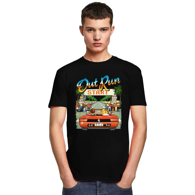 Japanese Arcade Racing Video Game OutRun T-shirt Men's Short Sleeved 80s Retro Harajuku Fashion Console Game T-shirt OutRun