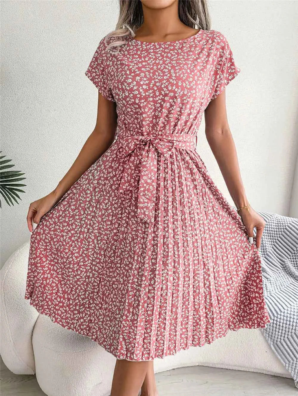 Ficusrong Fashion Floral Pleated A Line Long Dress Women Spring Summer Short Sleeve High Waist Chic Dress