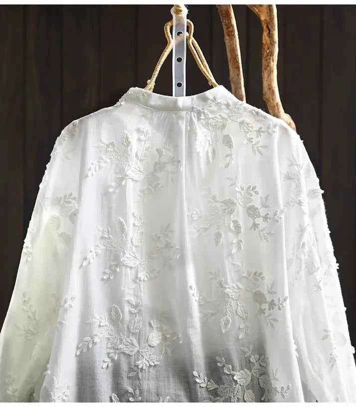 SuperAen Spring New Three-dimensional Flower Embroidered Cotton White Shirt Women Loose Sweet O-neck Long-sleeved Shirts