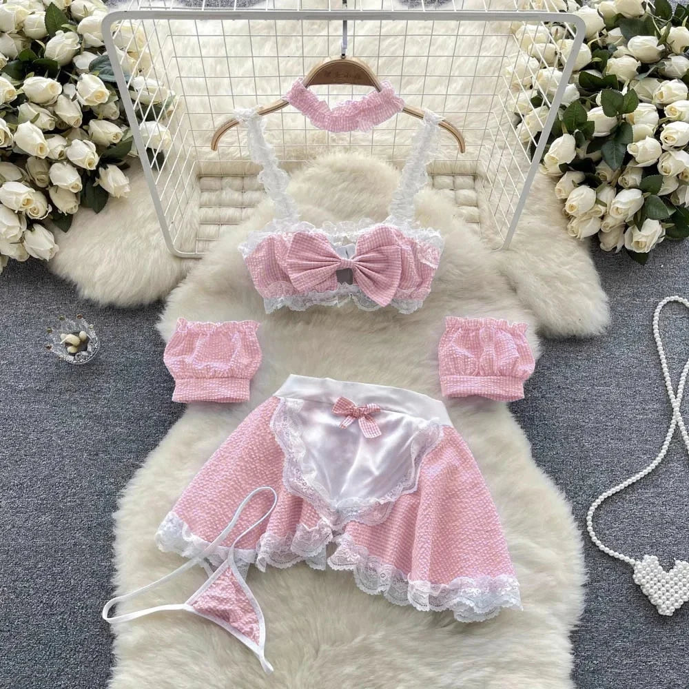 Summer Girls Sexy Hot Sweet Transparent Suspender Mini Dress Women Elastic Waist And Backless Strap Lolita Pajamas Bubble Skirt