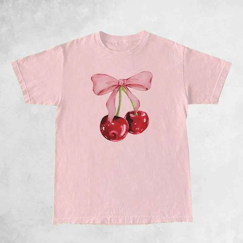 Cherry Bow Printed Women's Vintage T-Shirt Trendy Cute Coquette Tee Shirt Short Sleeve Cottagecore Aesthetic Tops Female Clothes
