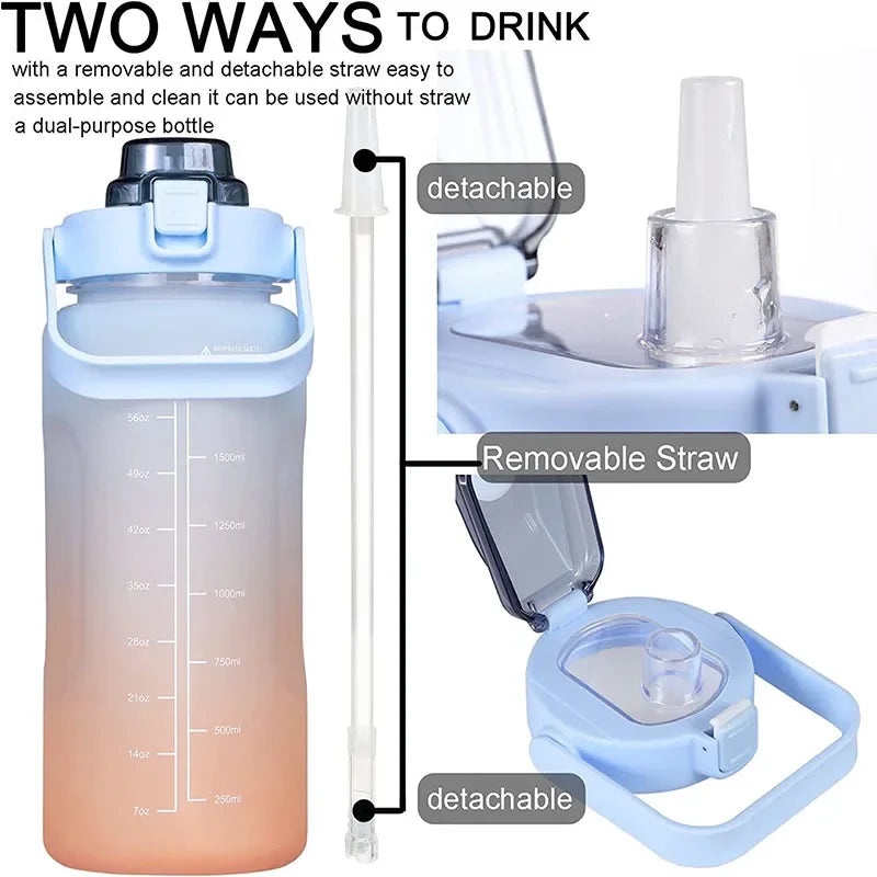 2 Liter Water Bottle with Straw Female Girls Large Portable Travel Bottles Sports Fitness Cup Summer Cold Water with Time Scale