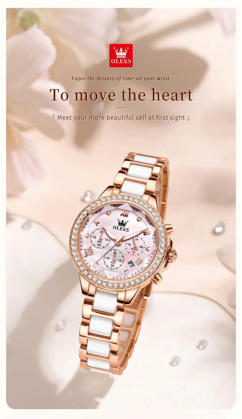 OLEVS 9999 Women Watch Brand Original Elegant Waterproof Chronograph Luxury Ceramic Dress Pink Women Quartz Watch Reloj Mujer