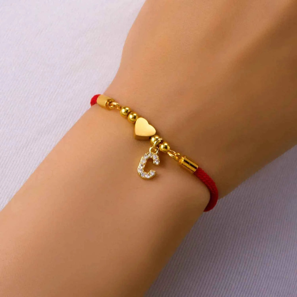 New Gold Stainless Steel Heart Initial Letter Bracelet - Red Rope Charm Jewelry for Men & Women, Lucky Gift