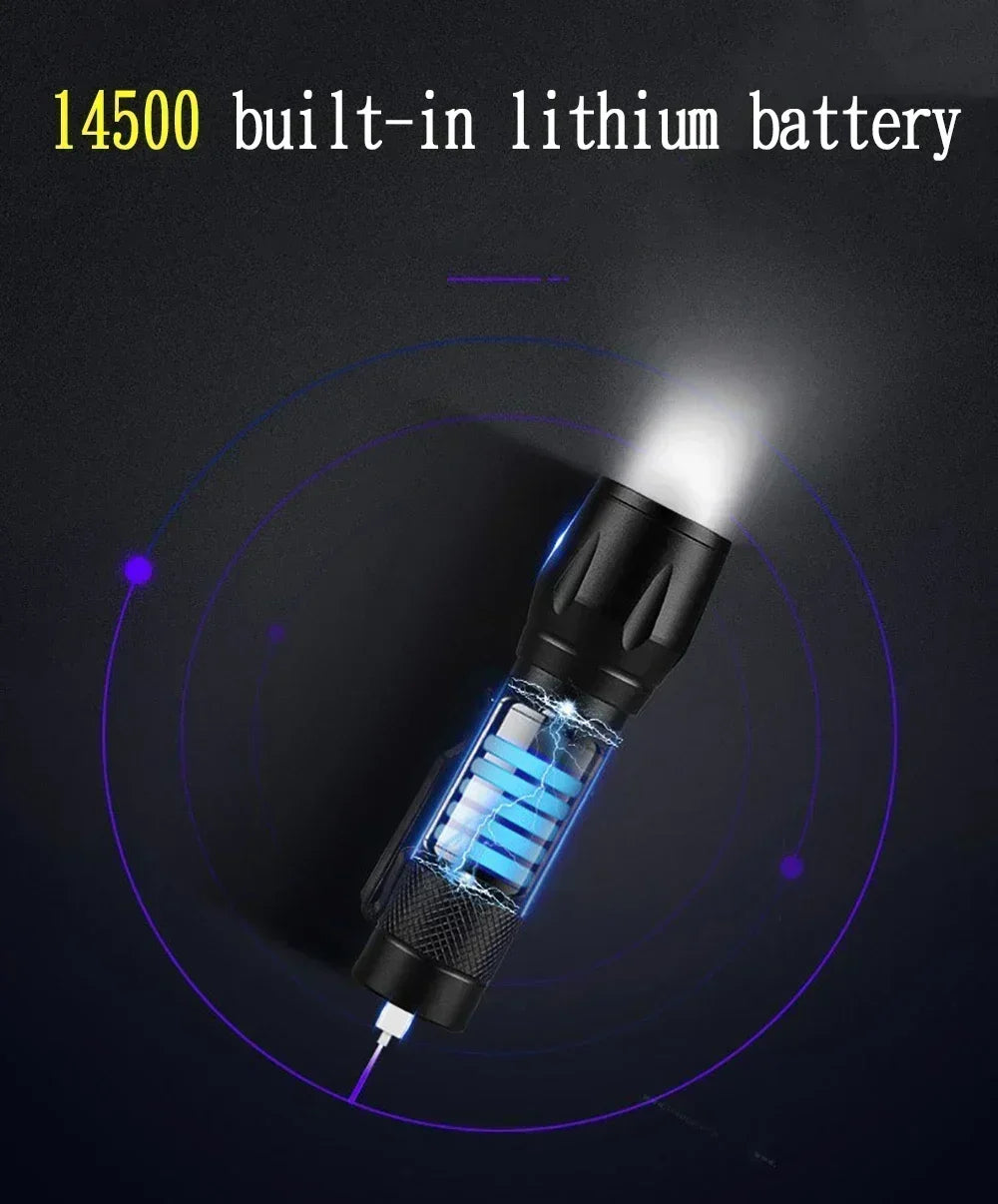 Rechargeable LED Pocket Flashlights with Pen Clip Zoom Mini Light 3 Lighting Mode with Side Lamp for Outdoor Camping Emer