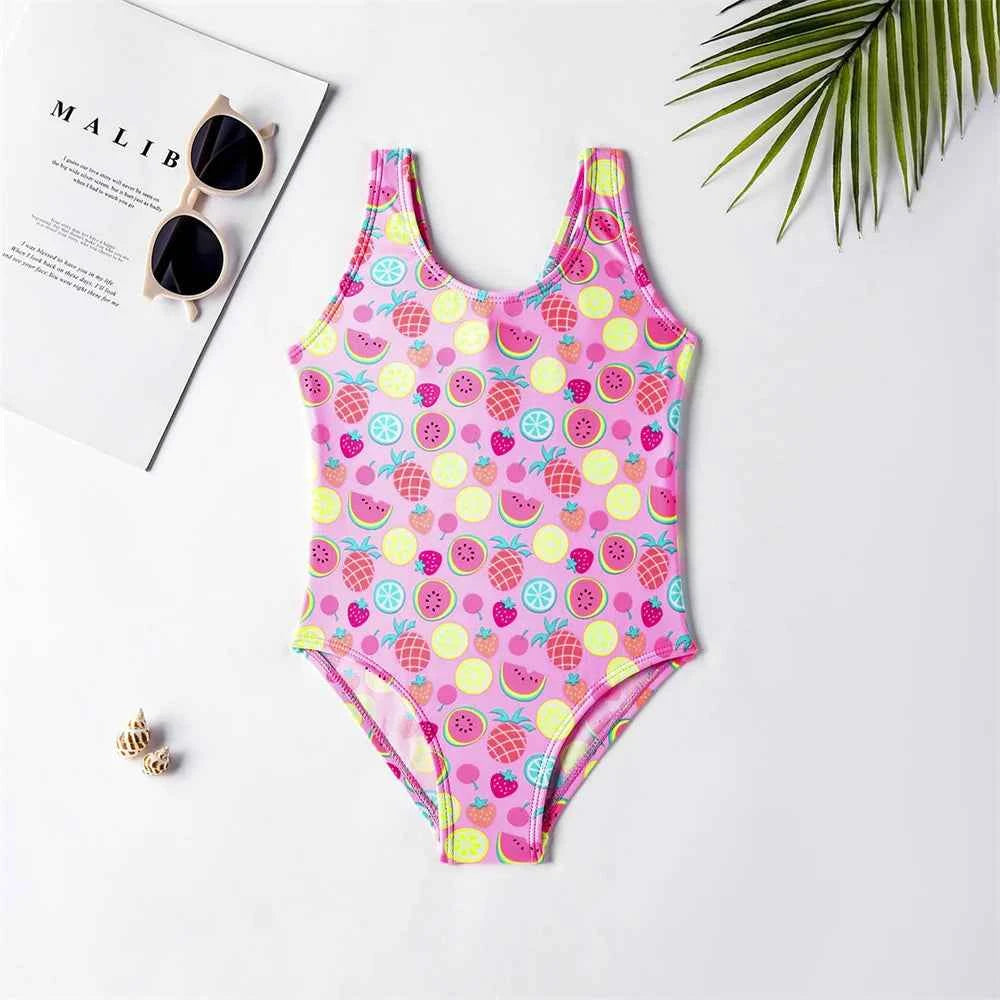 Girls' one-piece cartoon print swimsuit, children's polka-dot animal one-piece swimsuit with hollow back, beach wear