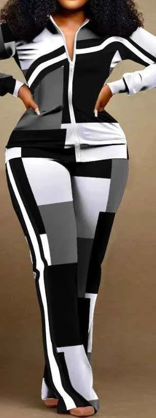 Two Piece Set Women Outfit 2023 Autumn Fashion Geometric Print Stand Collar Long Sleeve Zip Up Top & Casual Sporty Pants Set