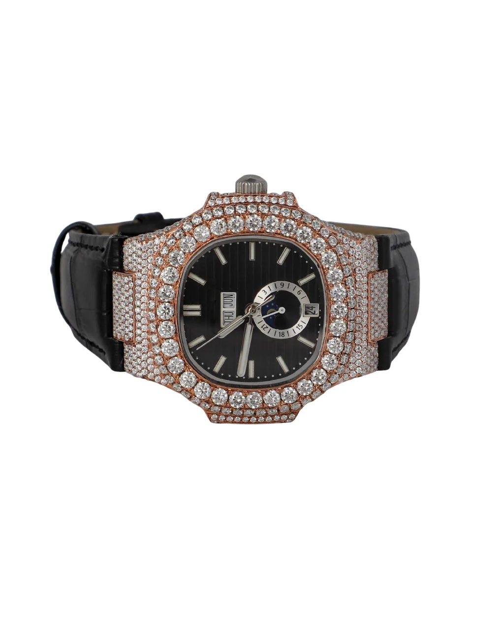 Excellent Quality Round Shape Diamond Watch Black Band And Stick Dial For Men's Quartz Watch Available at Affordable Price