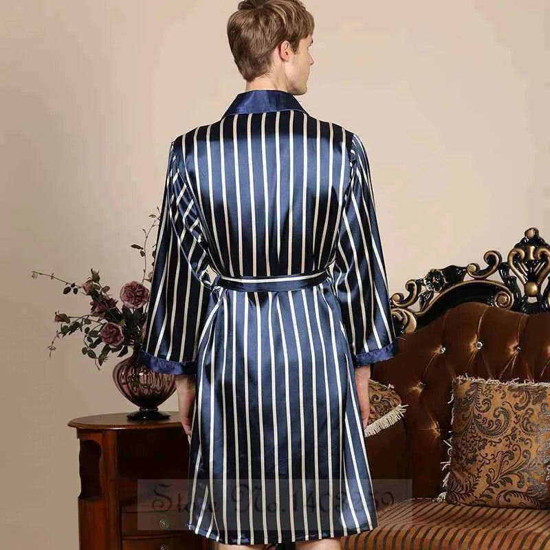 Plus Size 3XL 4XL 5XL Men Robe Sleepwear Navy Blue Stripe Kimono Bathrobe Gown with Pocket Summer Satin Home Clothes Lounge Wear