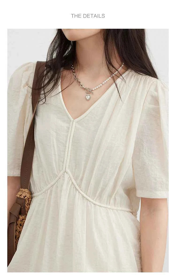 CHIC VEN Women Dresses French Style Vintage V-neck Puff Sleeve Long Dress Solid Black Loose Female Clothing Summer New 2023