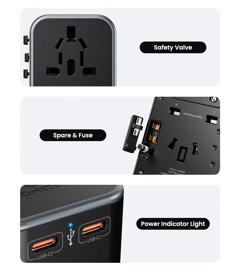 ASOMETECH 65W GaN International Travel Adapter PD3.0 QC3.0 PPS 3 USB GaN Fast Charging Adapter with EU AU US UK Plug for Travel