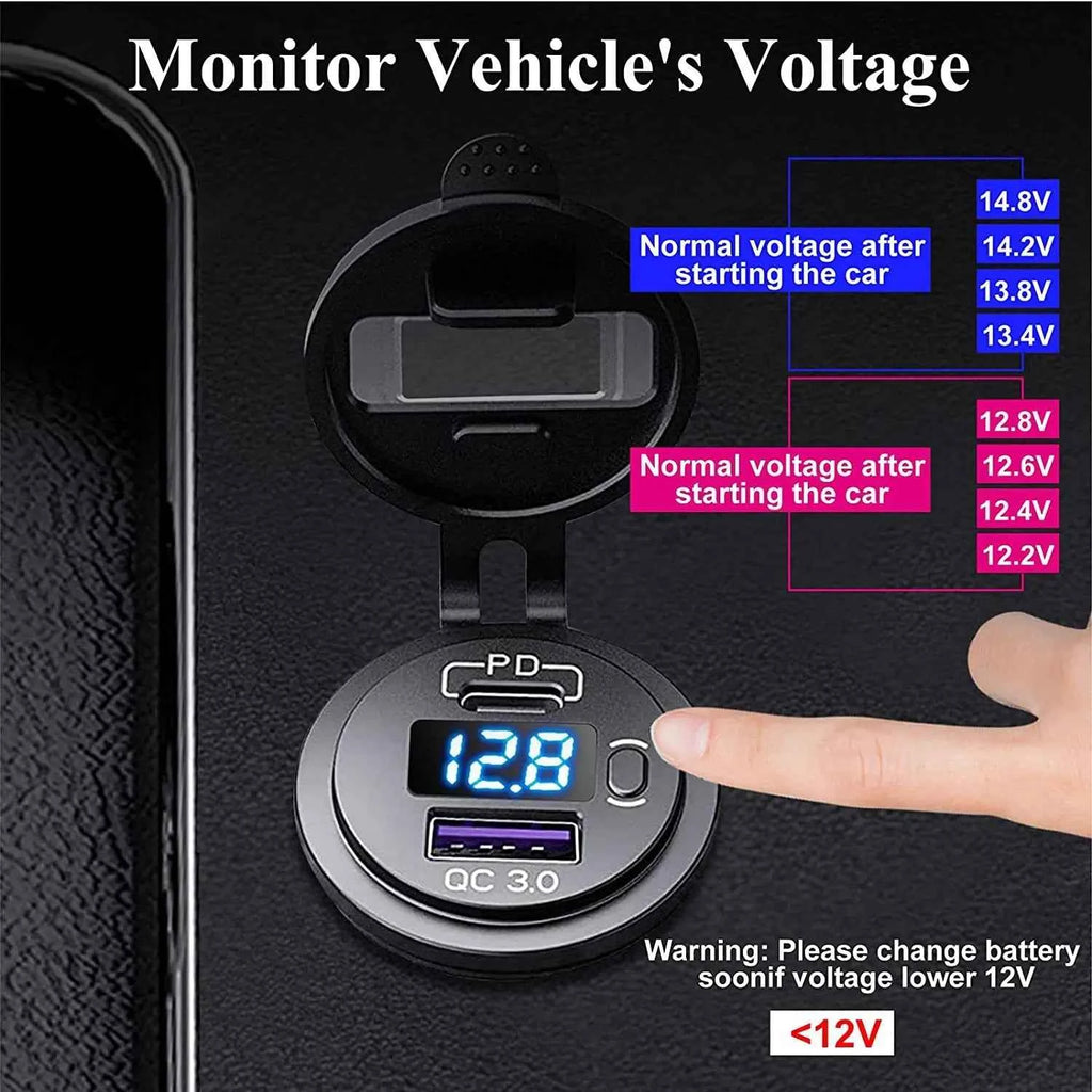 USB C Car Charger Socket 12V/24V Dual USB Socket PD3.0 and QC3.0 Car USB Port With LED Voltmeter and On/Off Switch