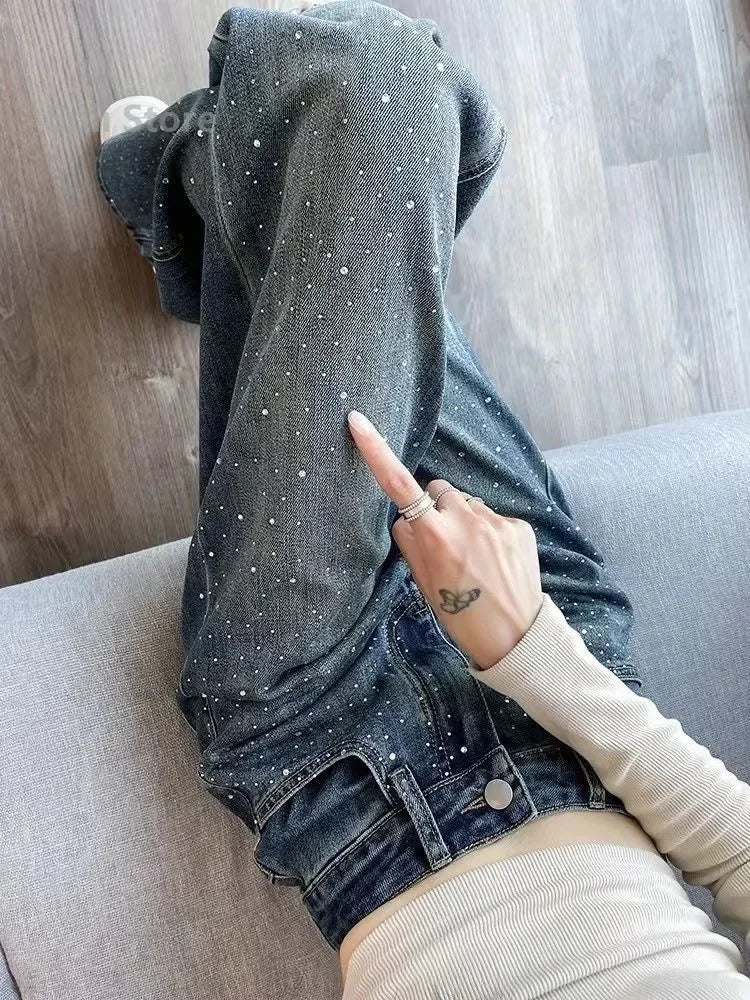2024 New Spring Summer All-match Casual Harem Pants High Waist Stretch Slim Denim Pants Hot Drilling Casual Ankle-length Jeans