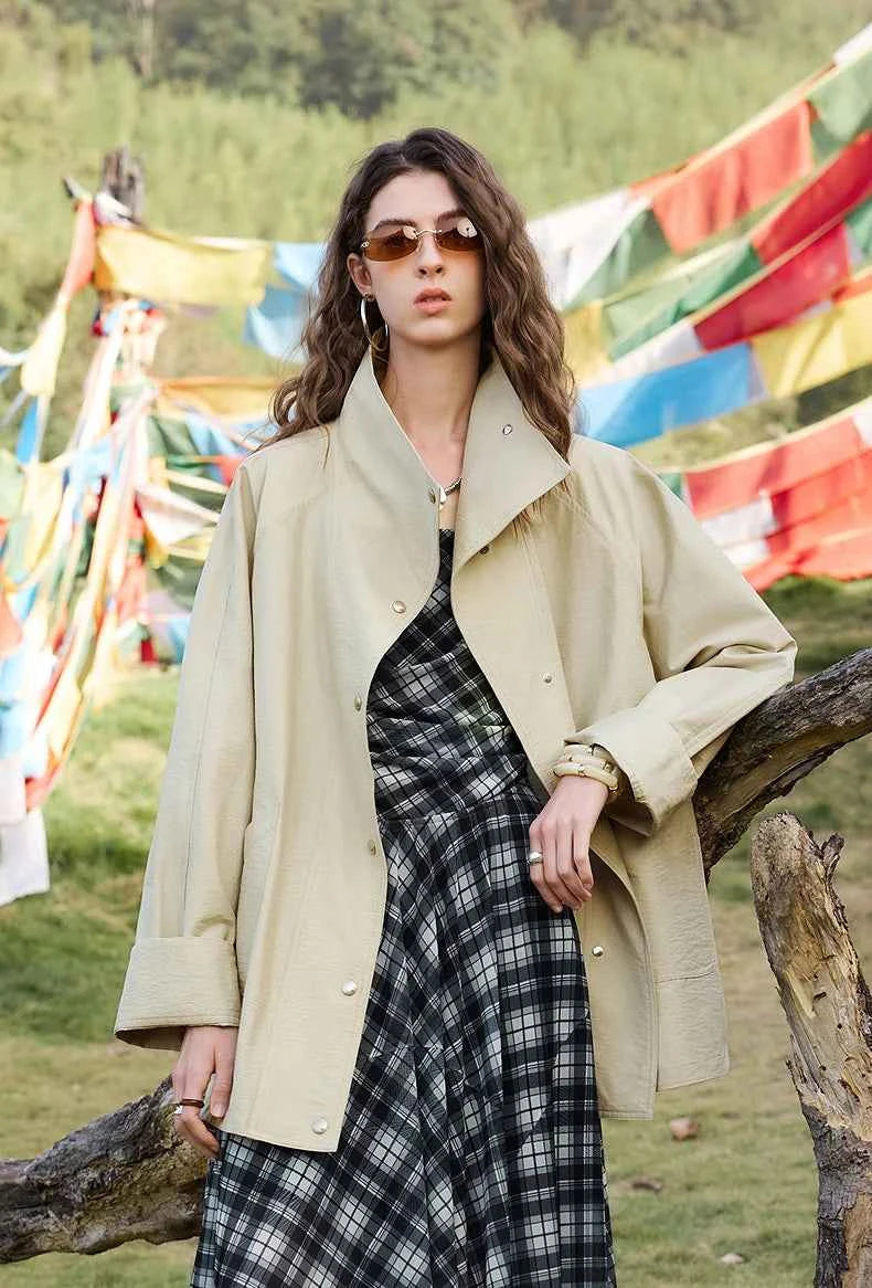 TOYOUTH Women's 2026 Spring New Loose Stand-Collar Utility-Style Lightweight Jacket Coat with Slub Wrinkle Texture