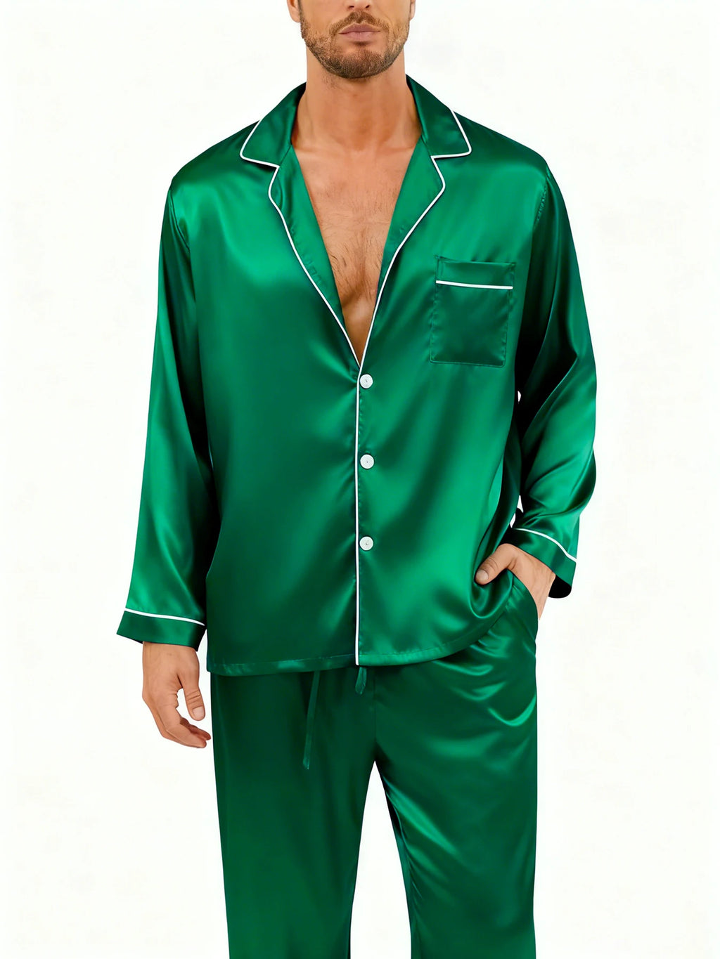 Men's Luxury Pajama Set with Contrast Trim Long Sleeve and Pockets Pants Comfortable Loose-Fit Pajamas for Men Sleepwear Sets