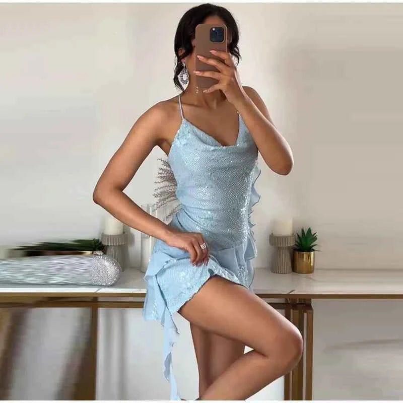 Glitter Flounce Mini Dress Woman Cinched Waist Sleeveless A-Line Halter Dresses Sexy Chic Women's Fashion Summer Short Dresses