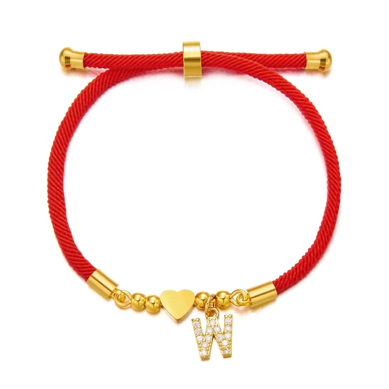 New Gold Stainless Steel Heart Initial Letter Bracelet - Red Rope Charm Jewelry for Men & Women, Lucky Gift