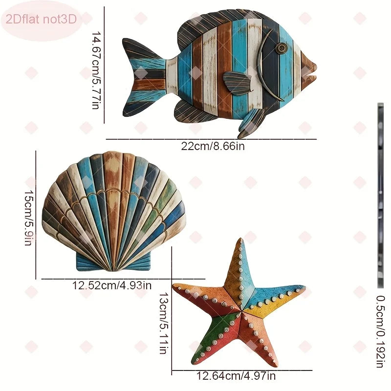 1 Set of Colorful Wooden Ocean Art Wooden Sea Fish Shells Starfish Farmhouse Style Decor Living Room Bedroom Wall Art Decoration