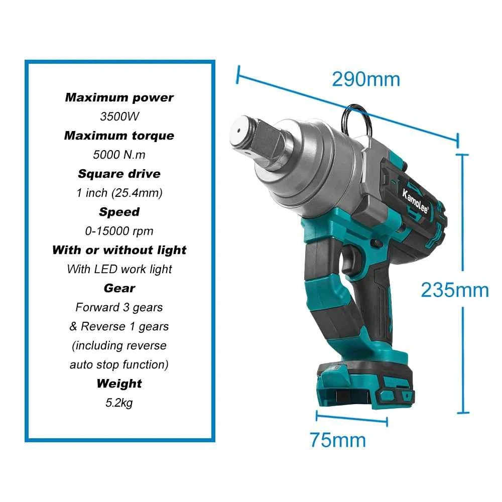 Kamolee 5000 N.M Torque 1 Inch Brushless Electric Impact Wrench Lithium-Ion Battery For 18V 21V Battery
