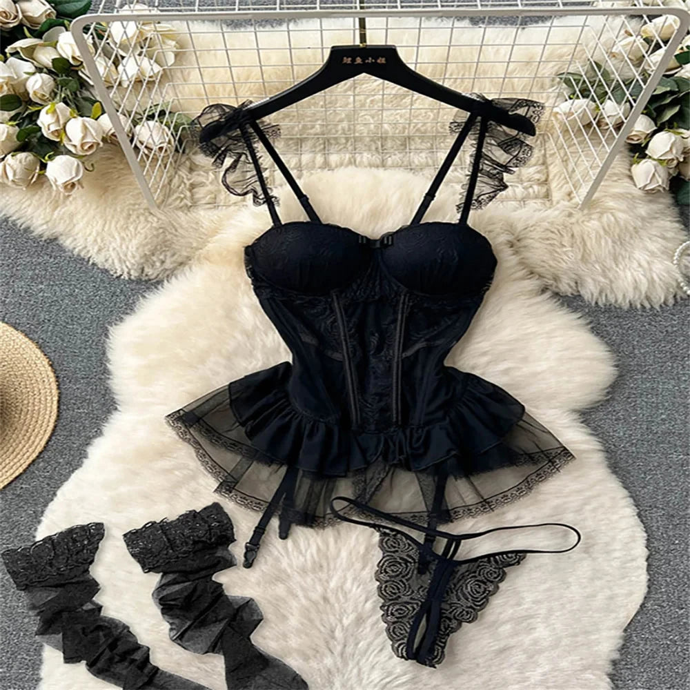 Summer Girls Sexy Hot Sweet Transparent Suspender Mini Dress Women Elastic Waist And Backless Strap Lolita Pajamas Bubble Skirt