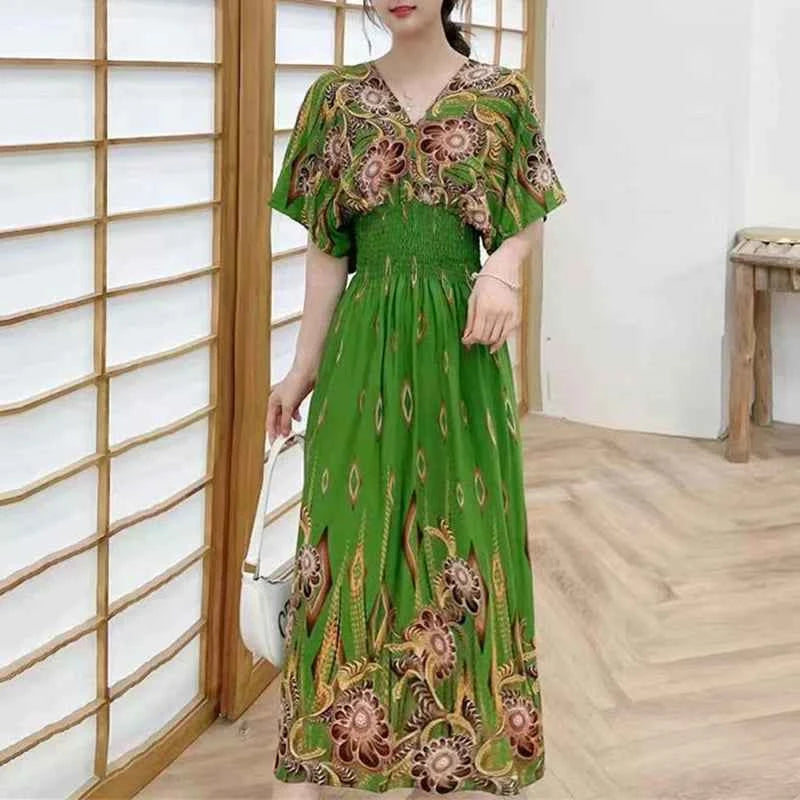 Colorful Flower V-neck Elastic Youthful Bohemian Sweet Midi Dress Woman Clothes Chic Fashion Summer Dresses 2025 Large Swing Ski